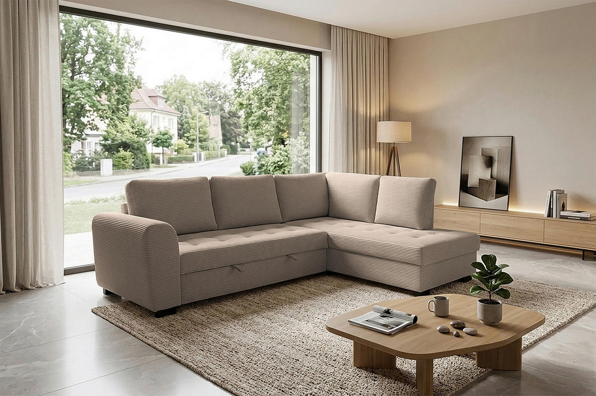 ECKSOFA JOHN Karamell Cord Rückenkissen, Bettkasten, Liegefläche im Originalstoff  - Karamell/Schwarz, Trend, Kunststoff/Textil (239/178cm) - P & B