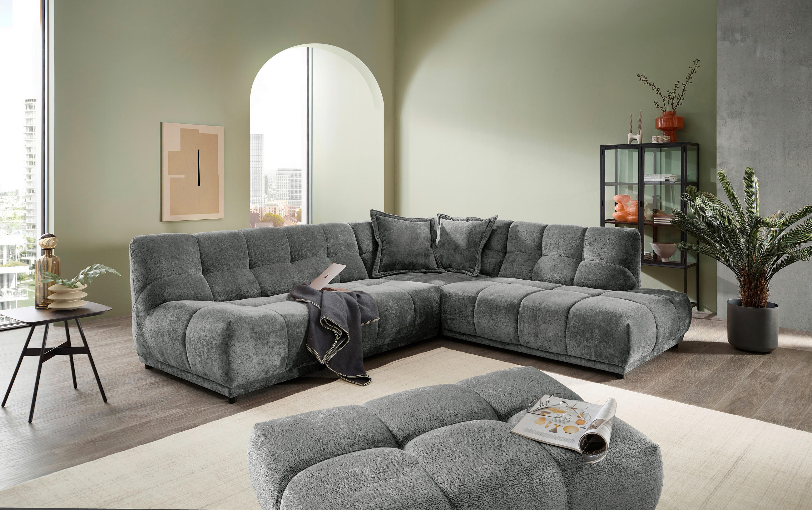 ECKSOFA ITALIA in Chenille Anthrazit  284/250 cm  - Anthrazit/Schwarz, MODERN, Kunststoff/Textil (284/250cm) - Livetastic