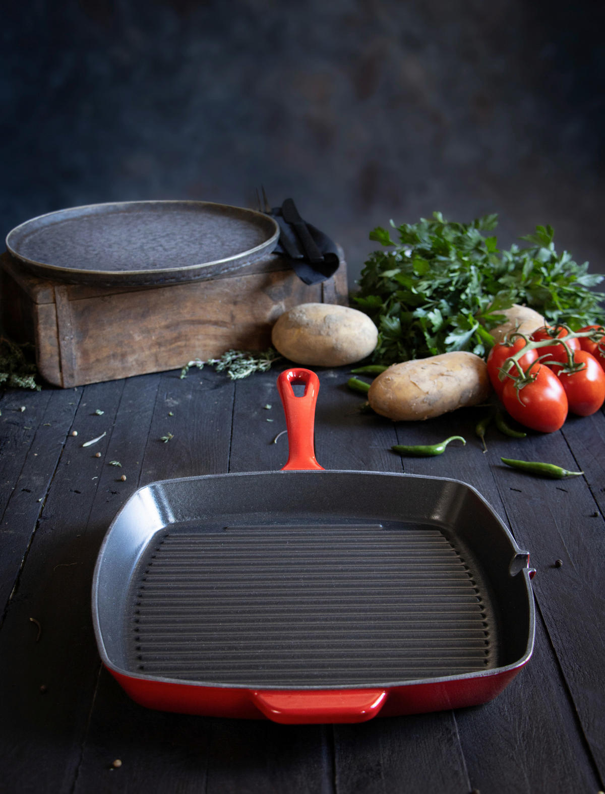 GRILLPFANNE Gusseisen Emaille  - Kirschrot, Basics, Metall (28/28cm) - ELO