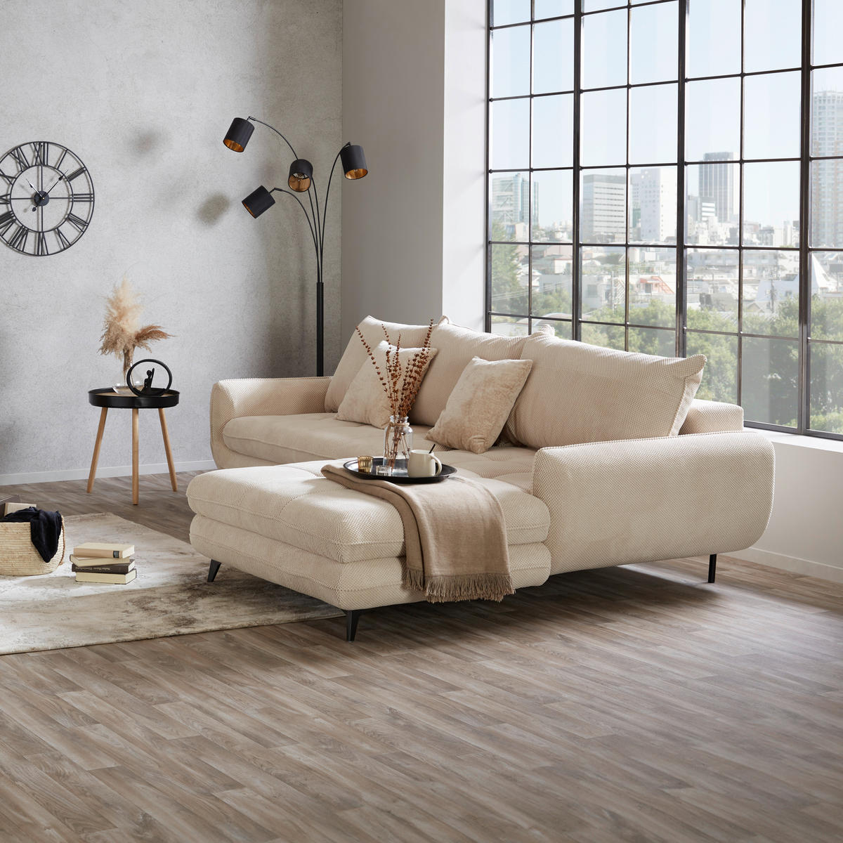 ECKSOFA WAVE Creme Struktur  - Beige/Creme, MODERN, Textil/Metall (266/189cm) - MID.YOU