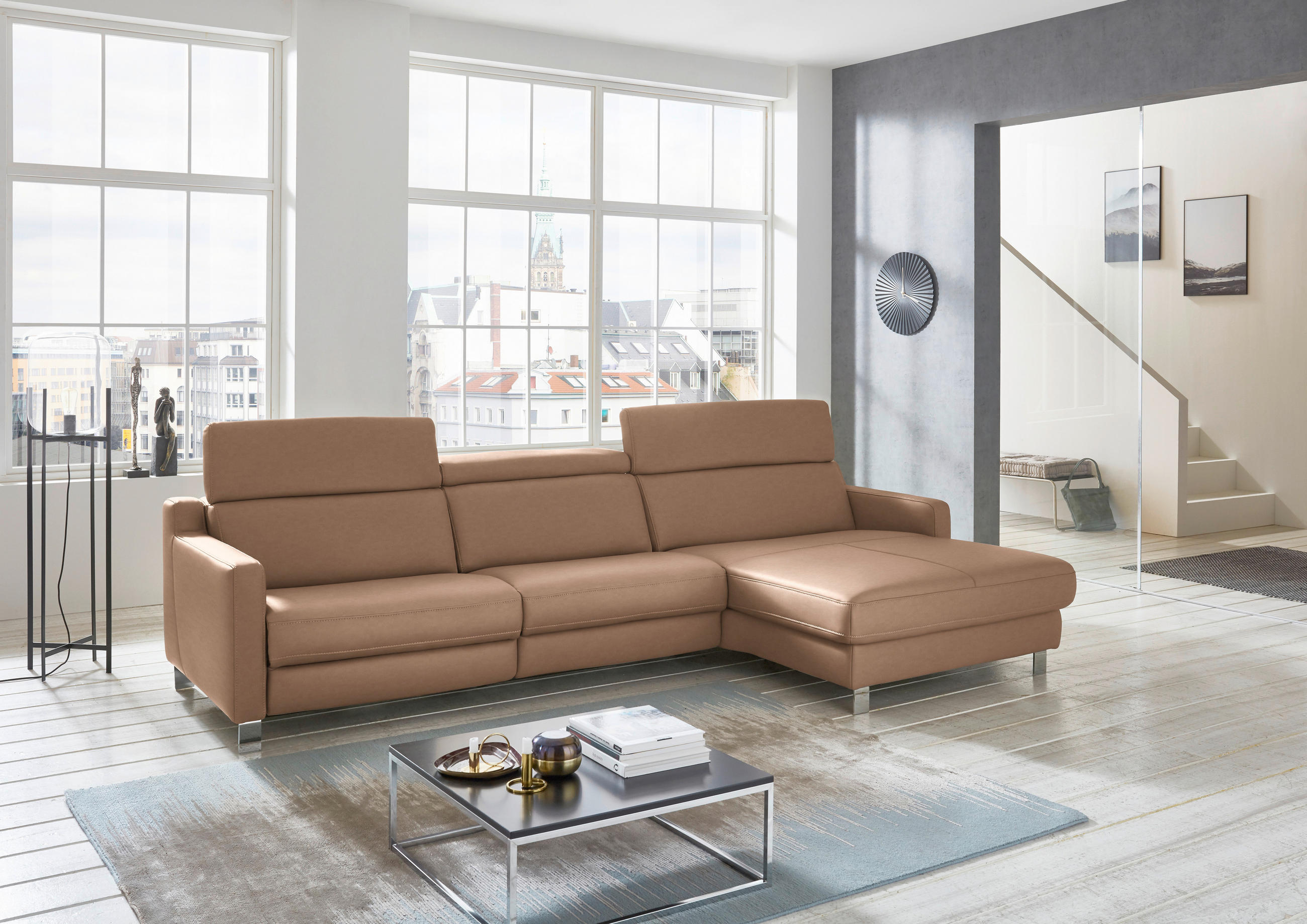 ECKSOFA in Echtleder Braun  291/176 cm  - Chromfarben/Braun, Design, Leder/Metall (291/176cm) - Valdera