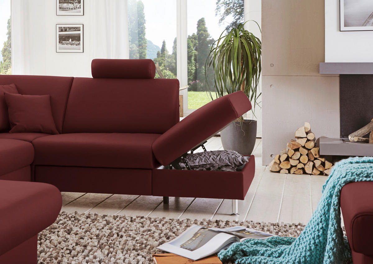 WOHNLANDSCHAFT in Echtleder Brombeere  - Brombeere/Alufarben, Design, Leder/Metall (165/339/233cm) - Beldomo Premium