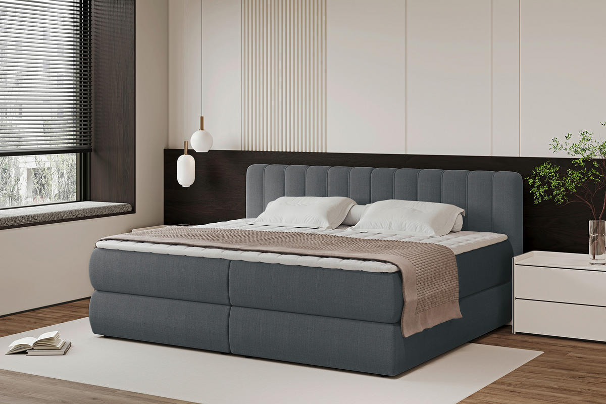 BOXSPRINGBETT 220/200 cm,  in Anthrazit, gepolstertes Kopfteil, Bettkasten, Topper, Matratzen, H4 + H4 = sehr fest  - Anthrazit/Schwarz, Design, Kunststoff/Textil (220/200cm) - Chameo
