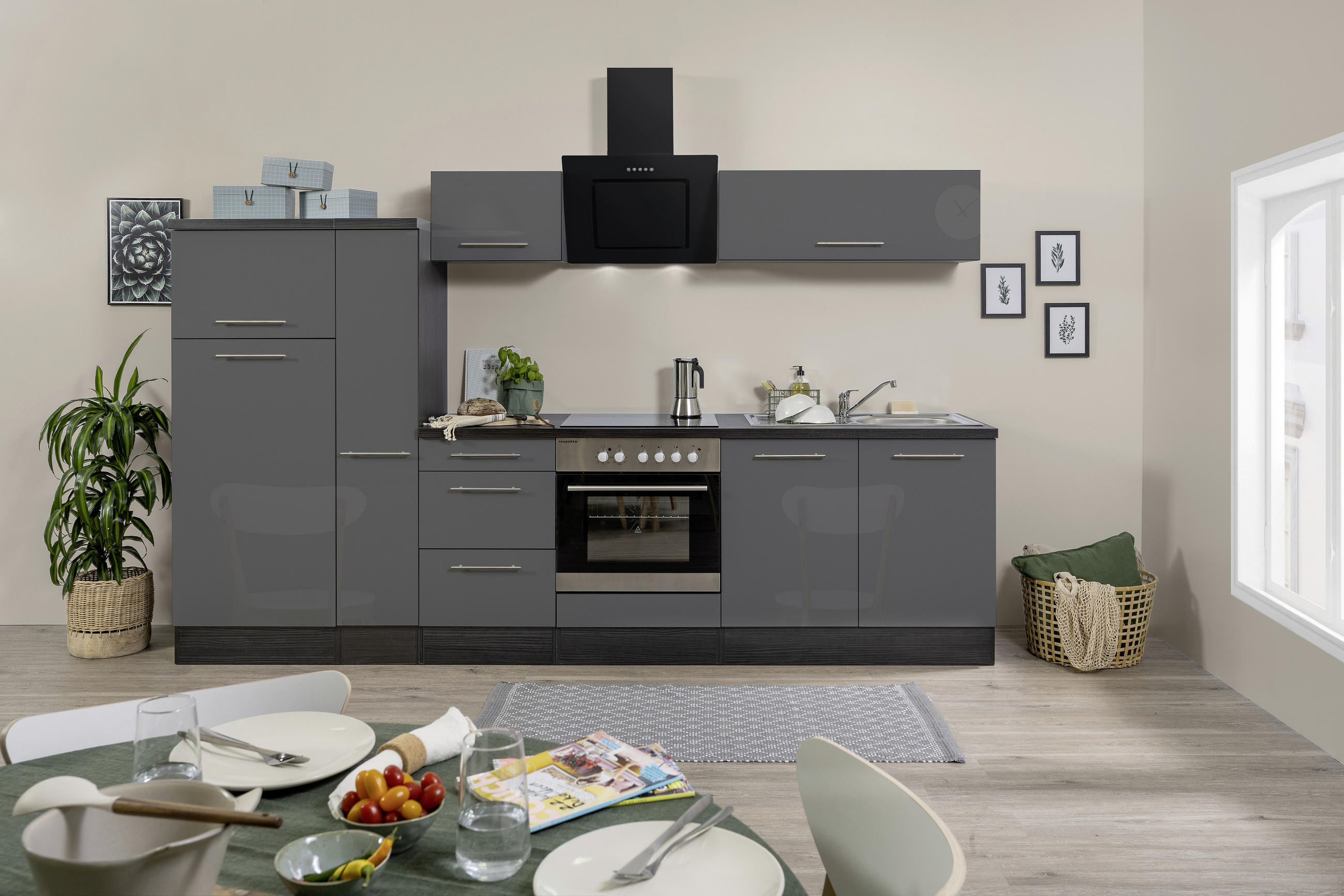 KÜCHENBLOCK 300 cm Grau, Eichefarben E-Geräte, Spüle, Soft-Close-System, Ab- und Überlaufgarnitur, Herdanschlusskabel - Edelstahlfarben/Eichefarben, Basics, Metall (300cm) - Respekta