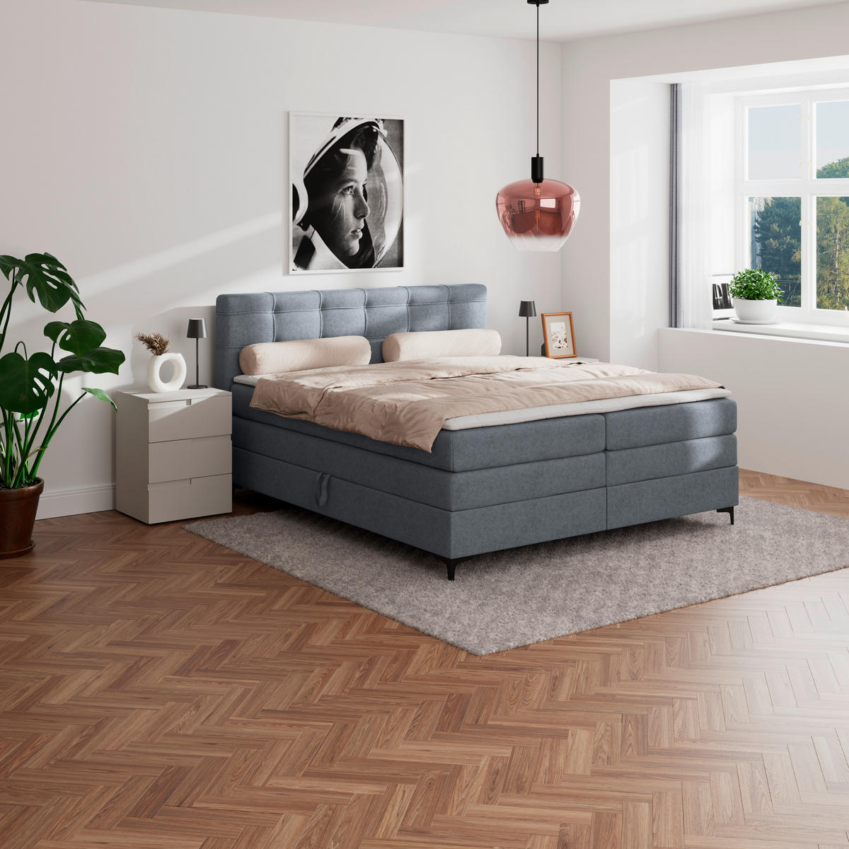 BOXSPRINGBETT 200/200 cm,  in Blaugrau, H3 = fest  - Blaugrau/Schwarz, KONVENTIONELL, Kunststoff/Textil (200/200cm)