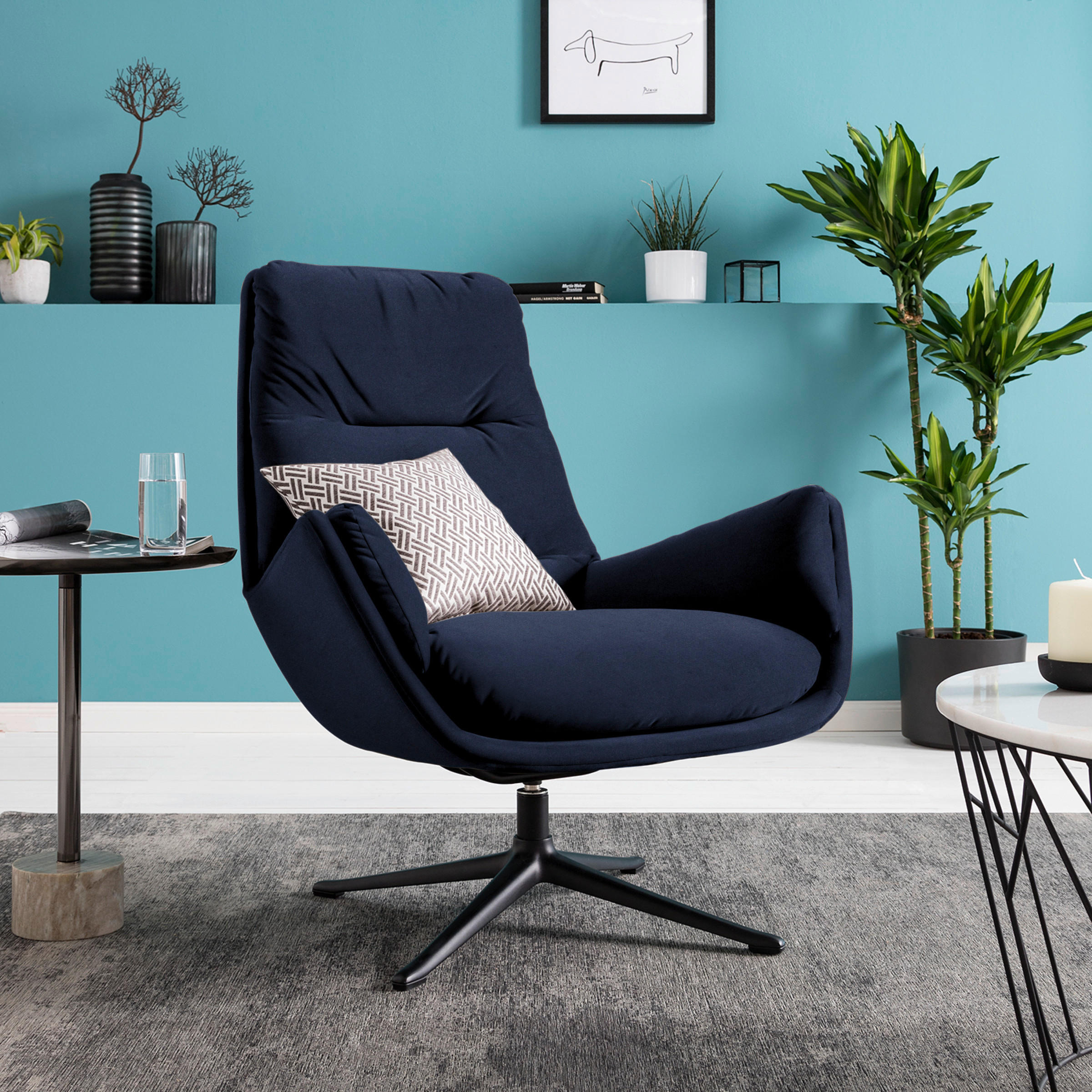 SESSEL in Samt Dunkelblau  - Schwarz/Dunkelblau, Design, Textil/Metall (83/94/97cm) - home24