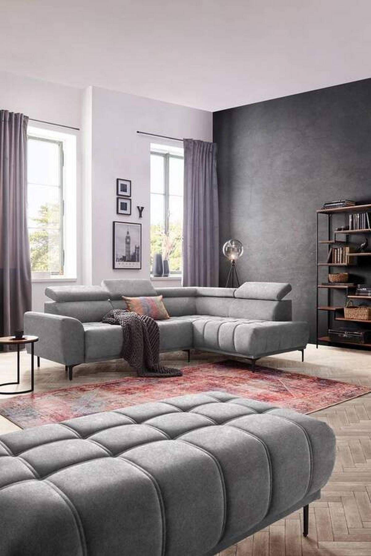 ECKSOFA Grau Velours  - Schwarz/Grau, Design, Textil/Metall (261/191cm) - Stylife