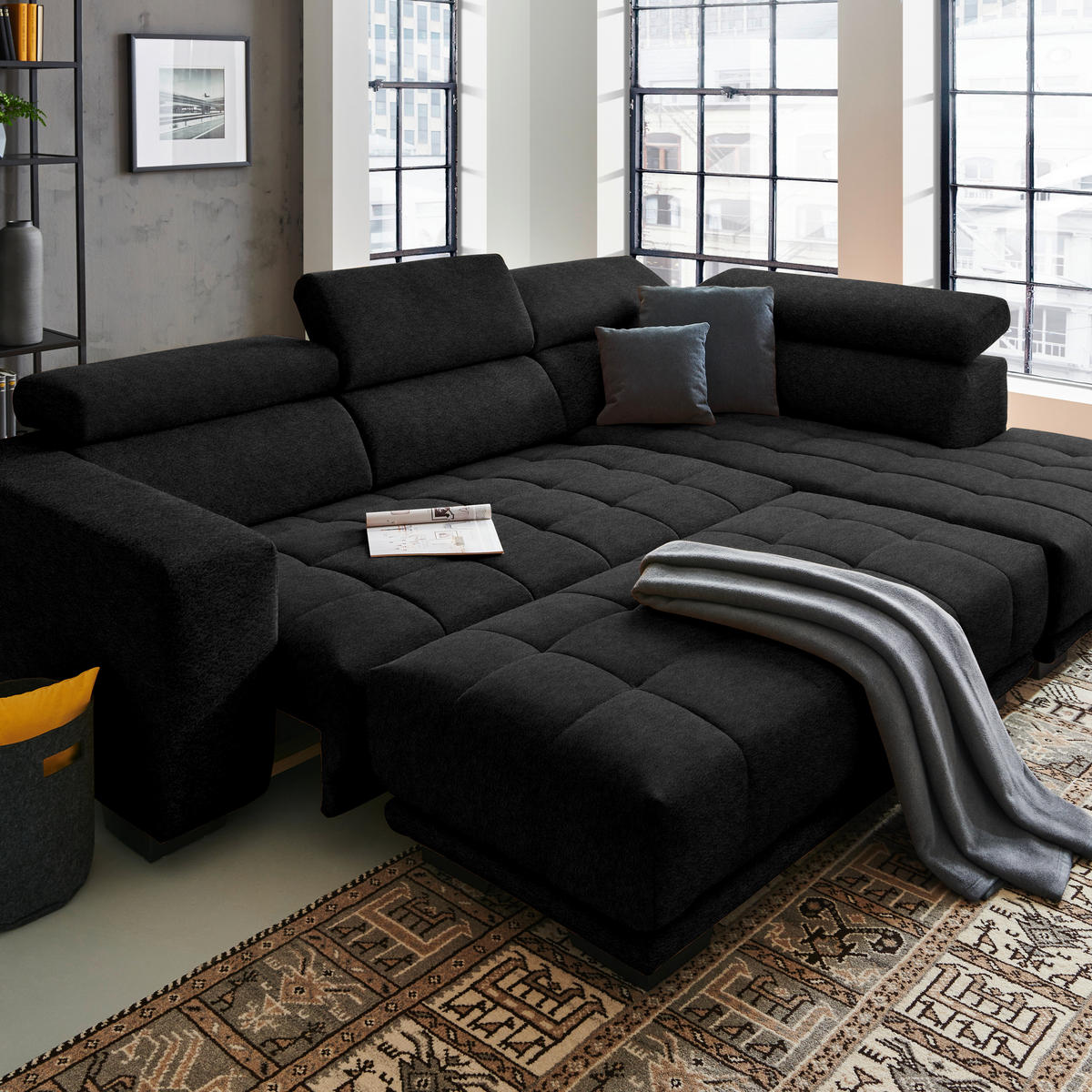 ECKSOFA in Mikrofaser Anthrazit  301/207 cm  - Anthrazit/Schwarz, Design, Textil/Metall (301/207cm) - Xora