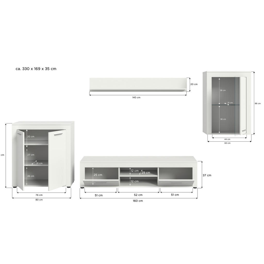 Thumbnail - Mid.you Wohnwand, Weiß, Kunststoff, 4-teilig, 4 Fächer, 330x169x35 cm, FSC Mix, Wohnzimmer, Wohnwände, Anbauwände