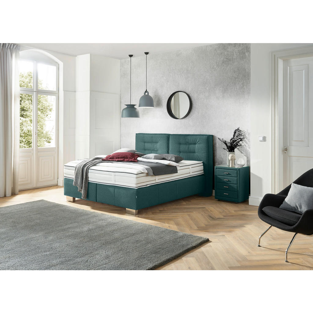 Thumbnail - Dieter Knoll Boxspringbett, Petrol, Textil, H4, 7-Zonen, Höhe ca. 27 cm, 200x200 cm, gepolstertes Kopfteil, Stoffauswahl...