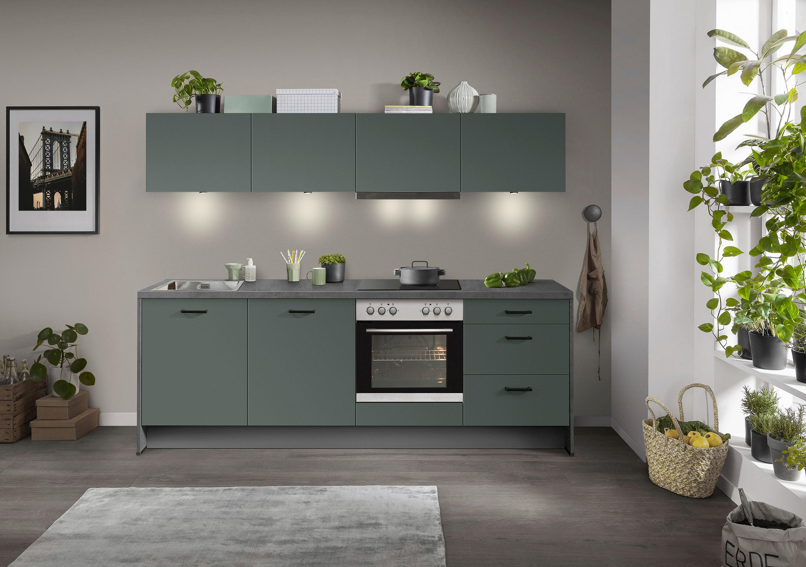 KÜCHENBLOCK 245 cm   in Graphitfarben, Dunkelgrün  - Schieferfarben/Dunkelgrün, Basics, Holzwerkstoff/Metall (245cm) - Impuls