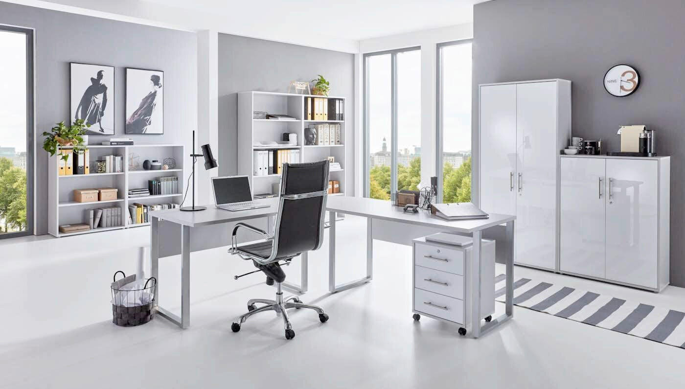 BÜRO - Weiß Hochglanz/Grau, MODERN, Holzwerkstoff/Metall - MID.YOU