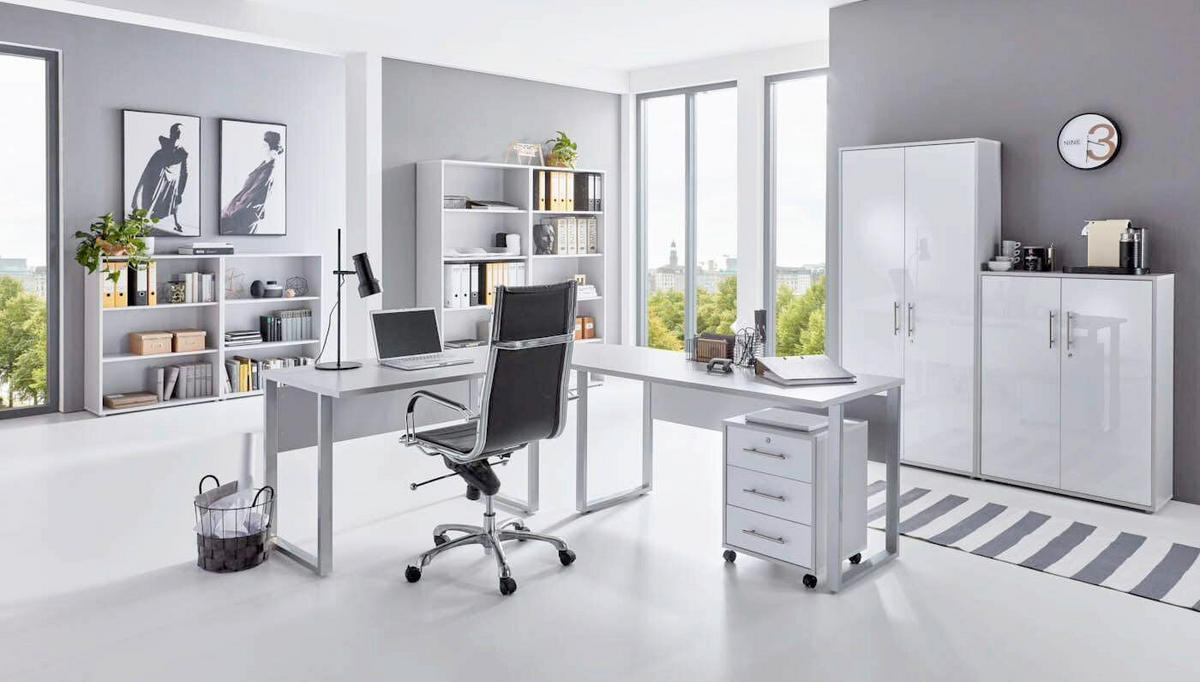 BÜRO - Weiß Hochglanz/Grau, MODERN, Holzwerkstoff/Metall - MID.YOU
