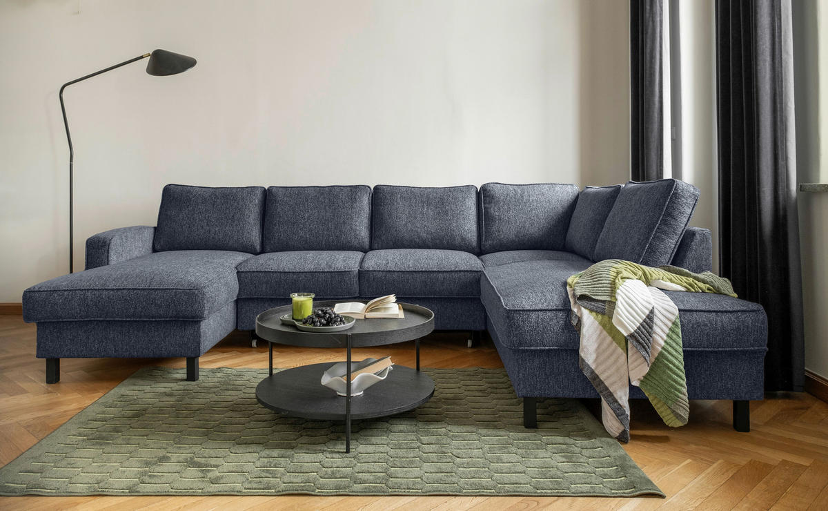 SJEDEĆA GARNITURA tekstil  tamno plava   - tamno plava/crna, tekstil/drvo (148/298/198cm) - MID.YOU