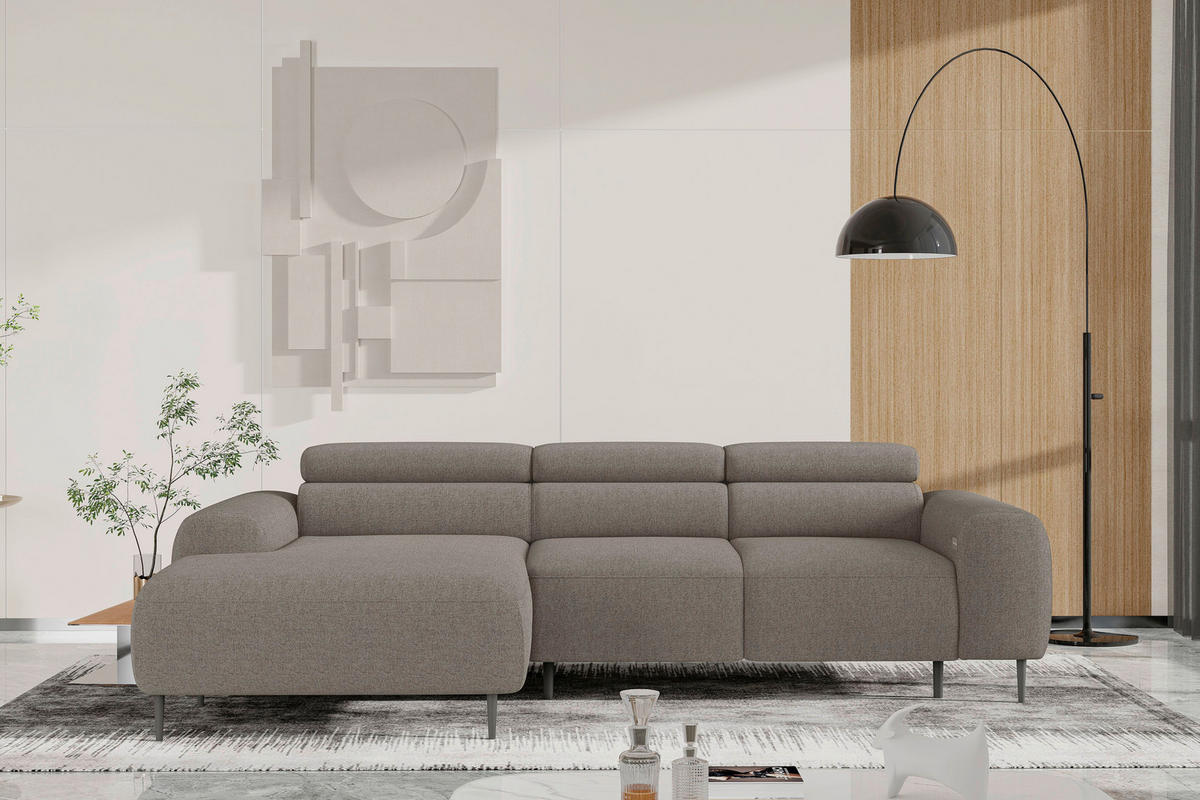 ECKSOFA Hellbraun Struktur Rücken echt, Kopfteilverstellung, Sitztiefenverstellung  - Hellbraun/Schwarz, MODERN, Textil/Metall (179/274cm) - Welnova