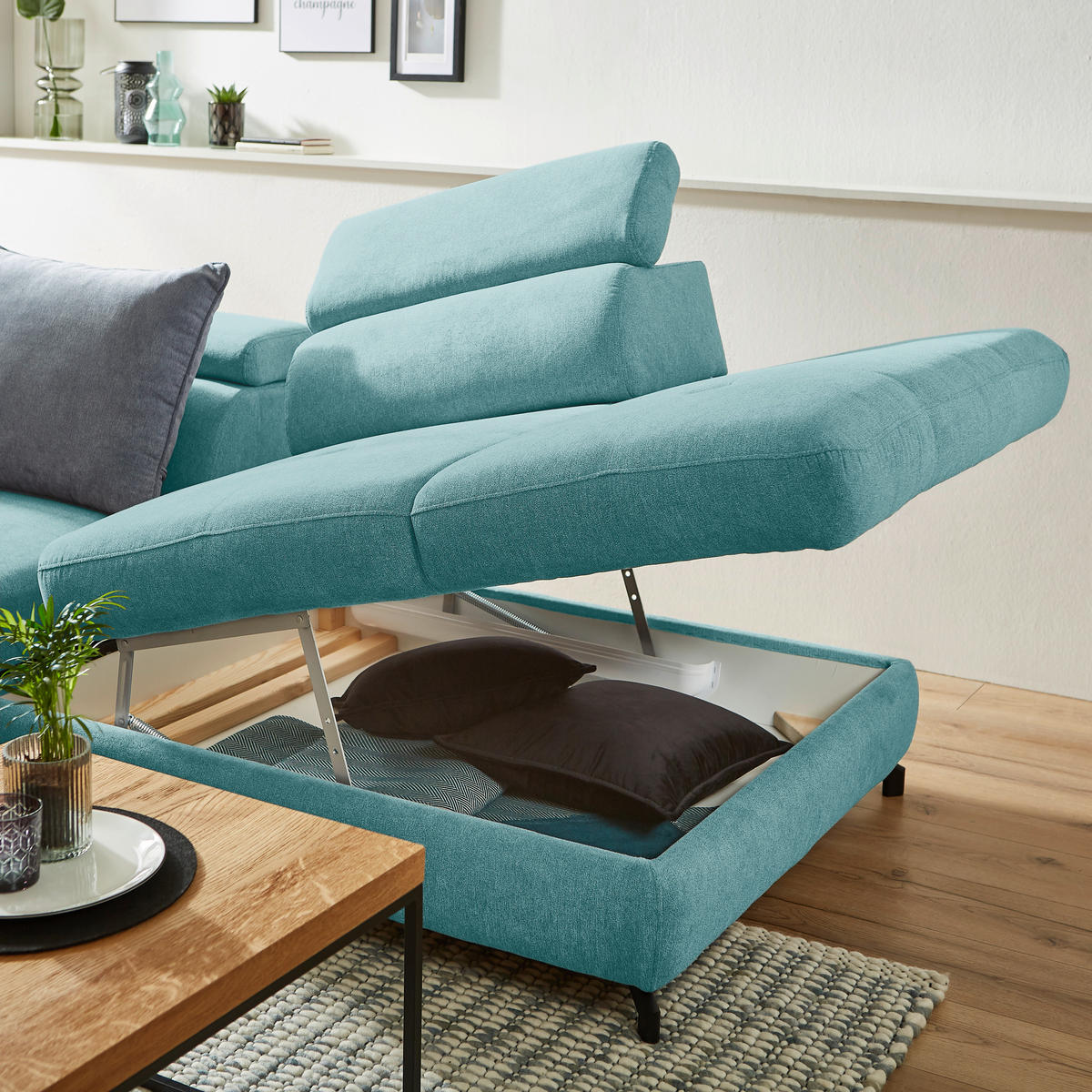 ECKSOFA in Webstoff Türkis  277/237 cm  - Türkis/Schwarz, Design, Textil/Metall (277/237cm) - Stylife
