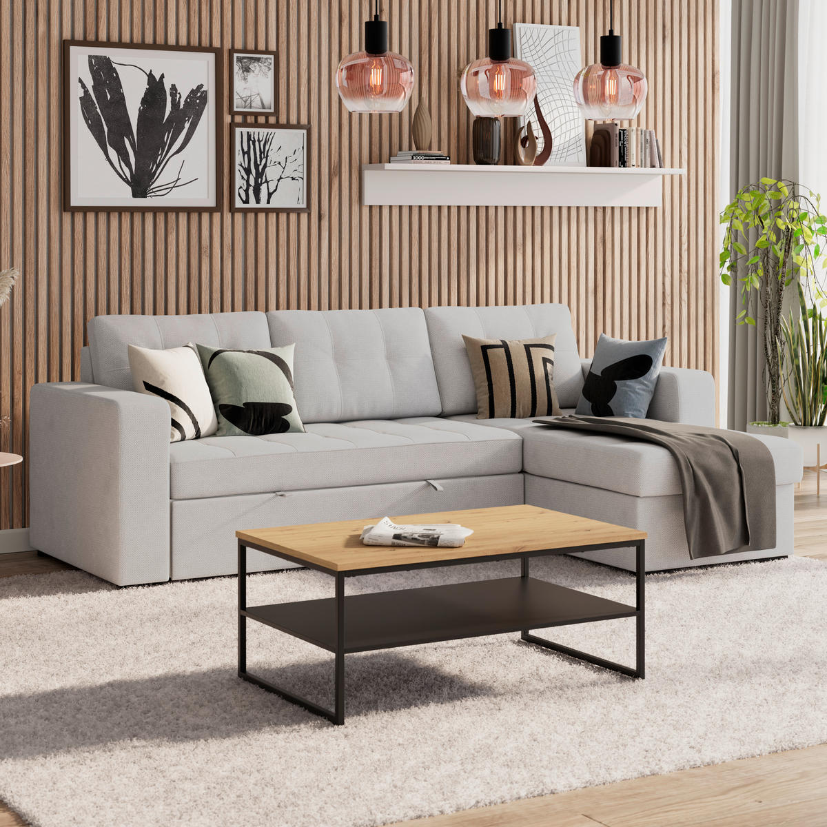 ECKSOFA TURIN Creme Mikrofaser, Struktur Rückenkissen, Bettkasten  - Creme/Schwarz, Trend, Textil/Metall (239/160cm) - MID.YOU