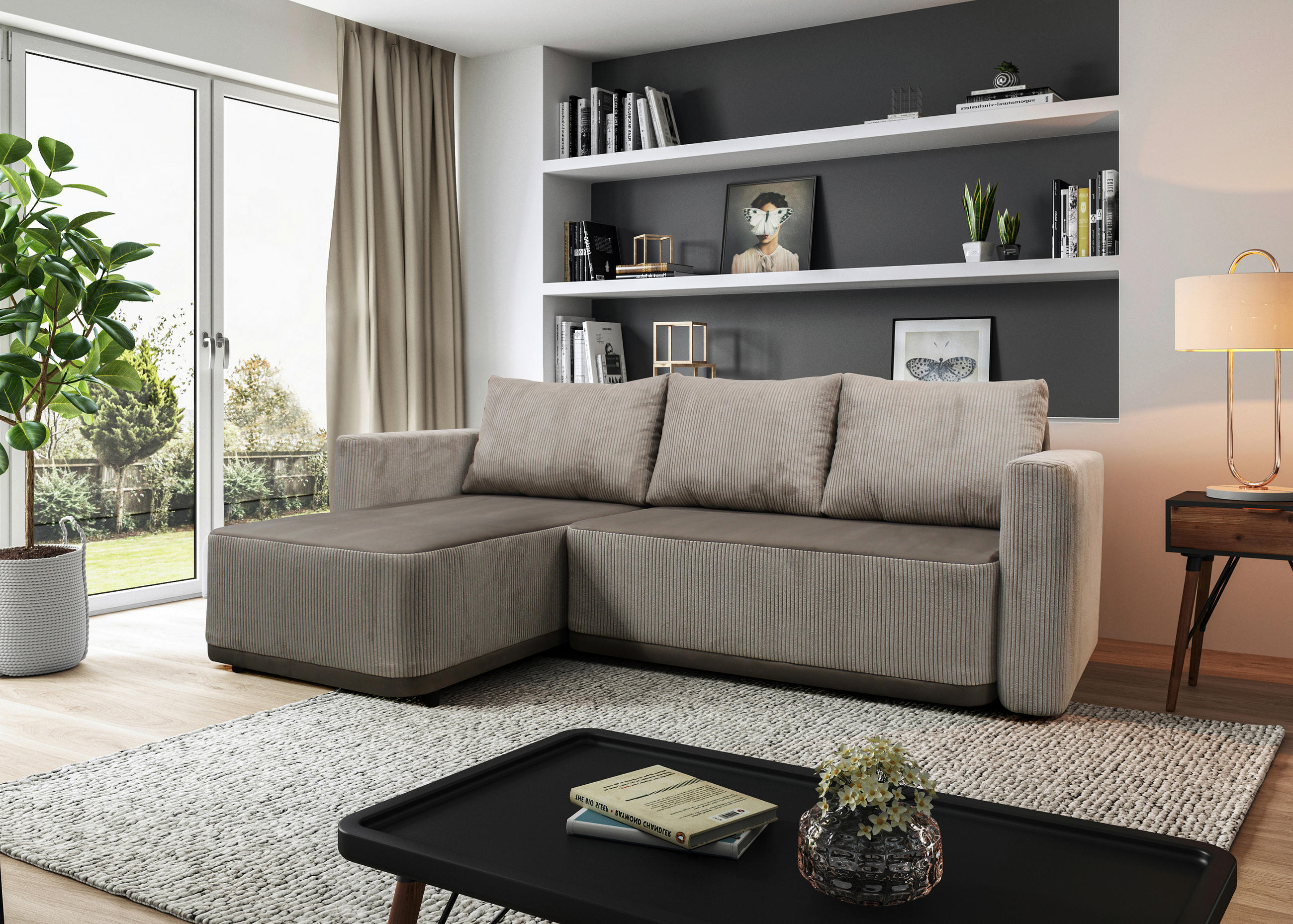 ECKSOFA STELLA Taupe Plüsch Rückenkissen, Bettkasten  - Taupe/Schwarz, Design, Kunststoff/Textil (166/234cm) - MID.YOU