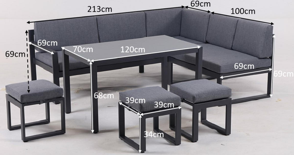DINING-LOUNGESET 213/169 cm Aluminium, Stahl  - Dunkelgrau/Anthrazit, MODERN, Glas/Textil (213/169cm) - Ambia Garden