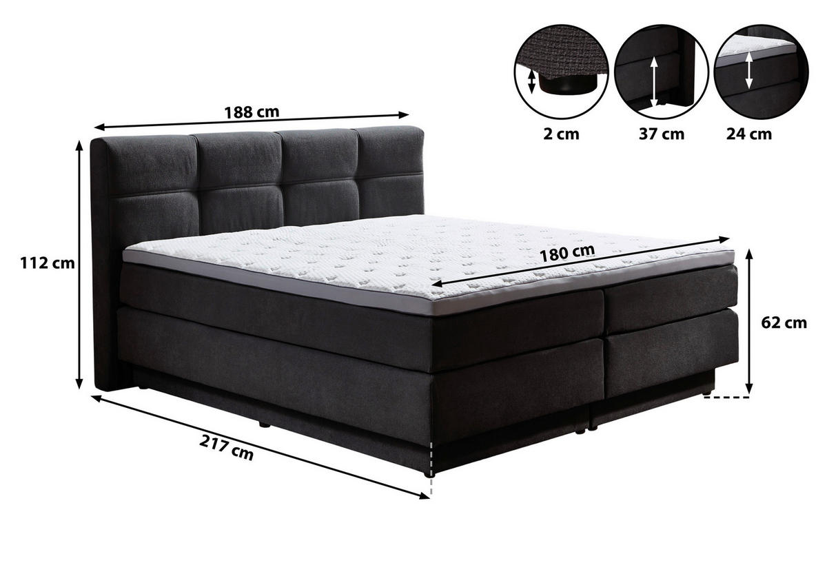 BOXSPRINGBETT 180/200 cm  Anthrazit  - Anthrazit/Schwarz, Konventionell, Kunststoff/Textil (180/200cm) - Carryhome