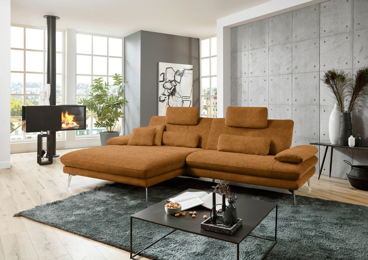 ECKSOFA in Velours Cognac  - Cognac/Schwarz, Design, Textil/Metall (184/284cm) - Dieter Knoll