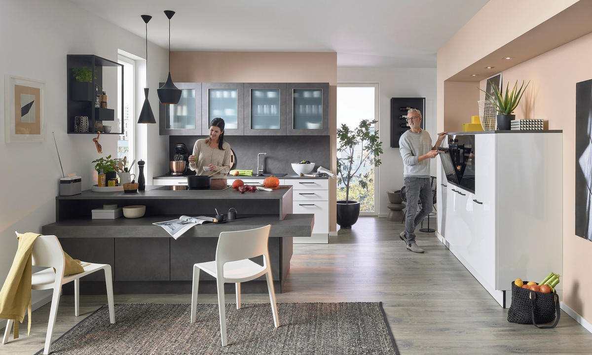 EINBAUKÜCHE L16  - Weiß Hochglanz/Grau, Design, Holzwerkstoff - Dieter Knoll