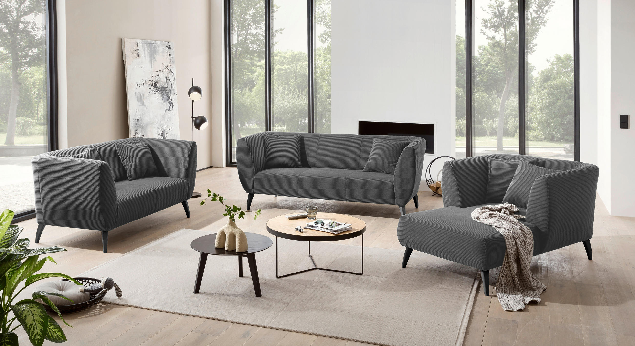 3-SITZER-SOFA in Cord Grau  - Schwarz/Grau, MODERN, Holz/Textil (208/83/88cm) - MID.YOU
