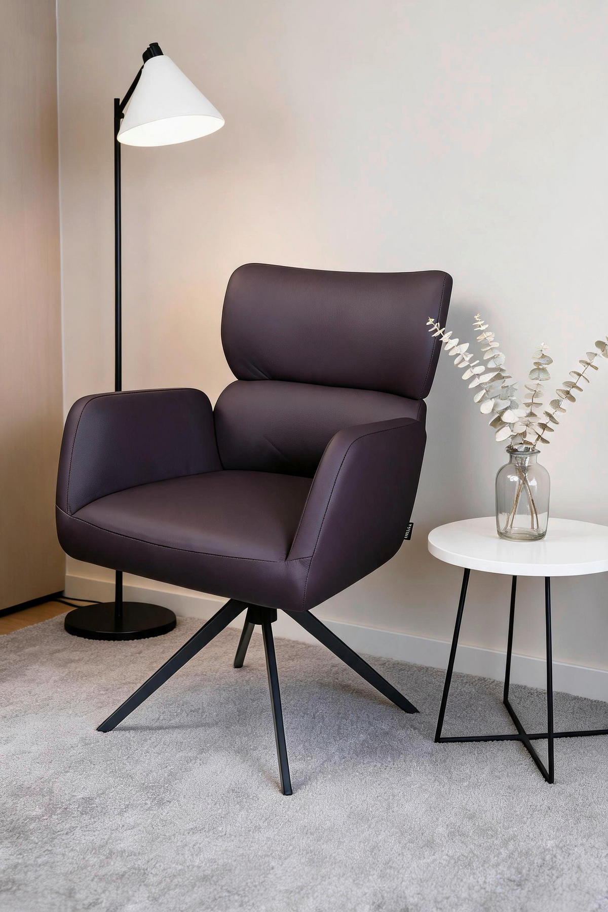 ARMLEHNSTUHL  Lederauswahl, Sitzfläche 360° drehbar, automatische Rückholfunktion  Echtleder  Aubergine  - Aubergine/Schwarz, Design, Leder/Metall (62,5/86,5/67cm) - Milino