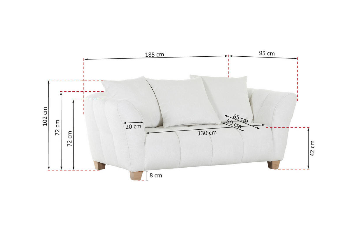2-SITZER-SOFA Chenille Creme  - Creme/Naturfarben, KONVENTIONELL, Holz/Textil (185/72/95cm) - Milino