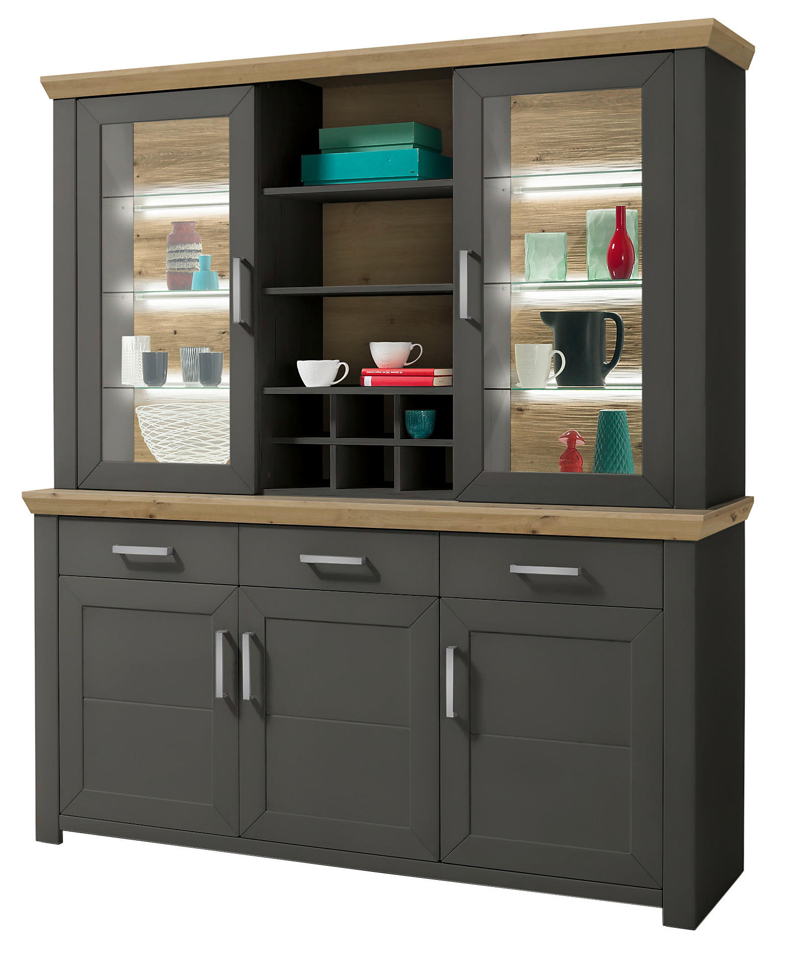 AUFSATZSCHRANK Graphitfarben, Eiche Artisan - Graphitfarben/Eiche Artisan, Design, Glas/Holzwerkstoff (184,1/112/44,2cm) - SetOne by Musterring