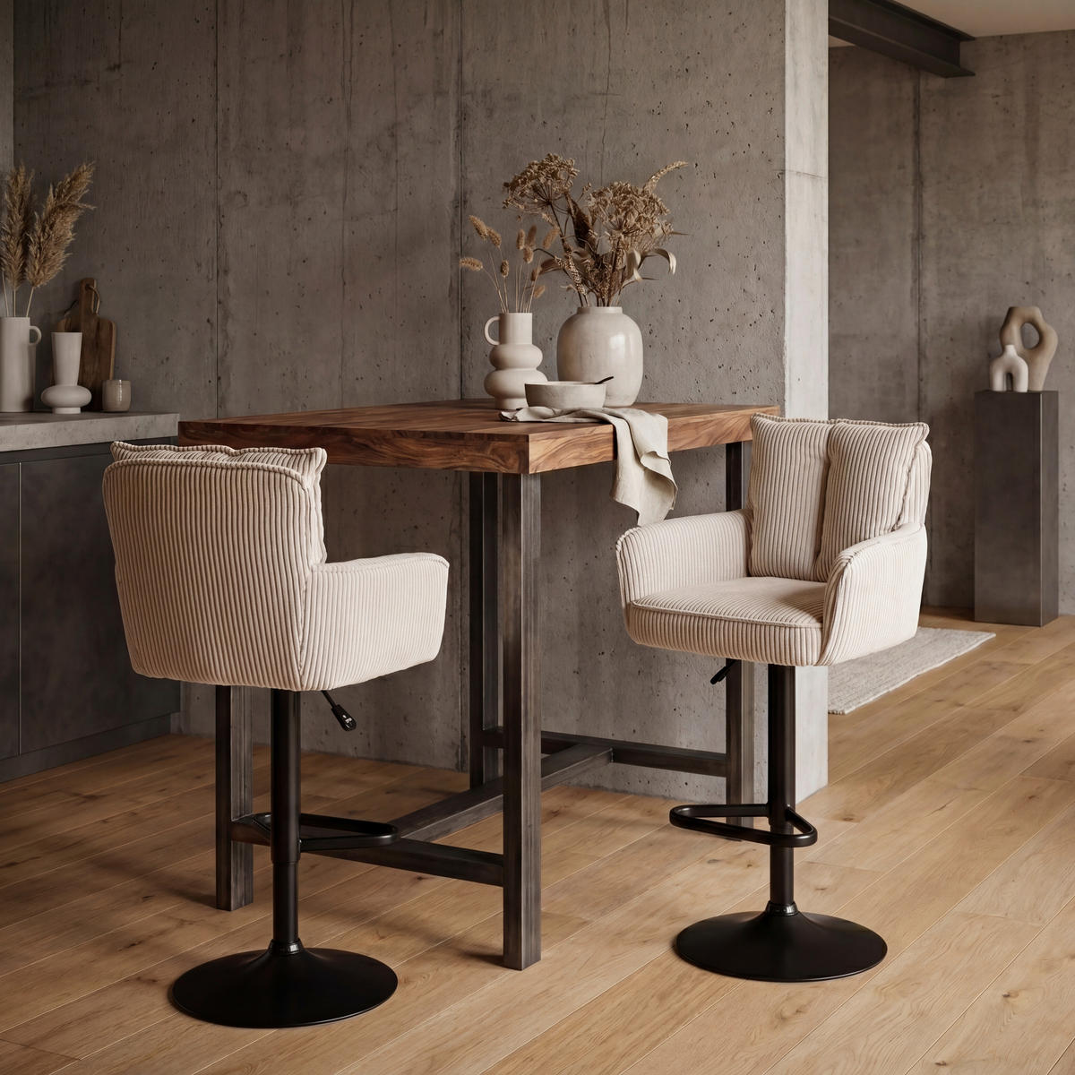 BARHOCKER Cord Beige Eisen Stoffauswahl, Sitzfläche 360° drehbar, inklusive Armlehnen  - Beige/Schwarz, Design, Textil/Metall (54/101-122/58cm) - Novel