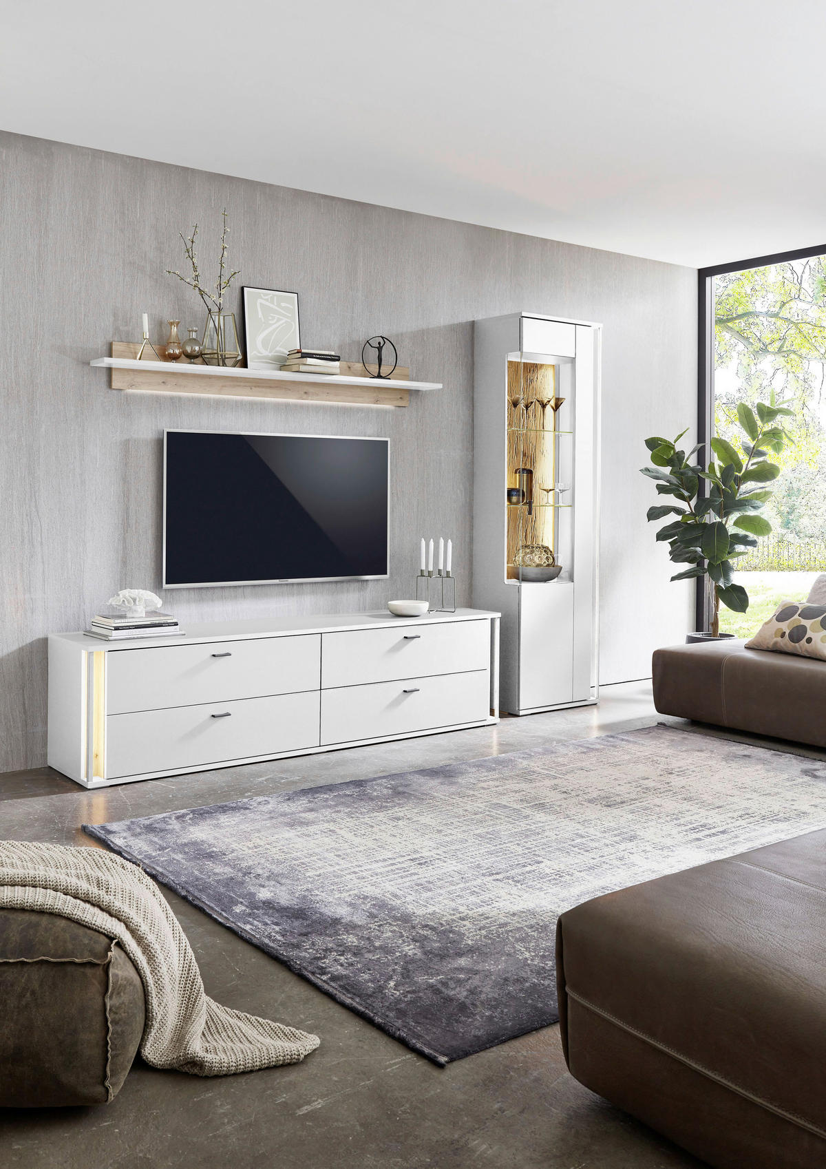 WOHNWAND  in Weiß, Eiche Artisan  275/207,5/44,2 cm  - Dunkelgrau/Weiß, Design, Glas/Holzwerkstoff (275/207,5/44,2cm) - Stylife