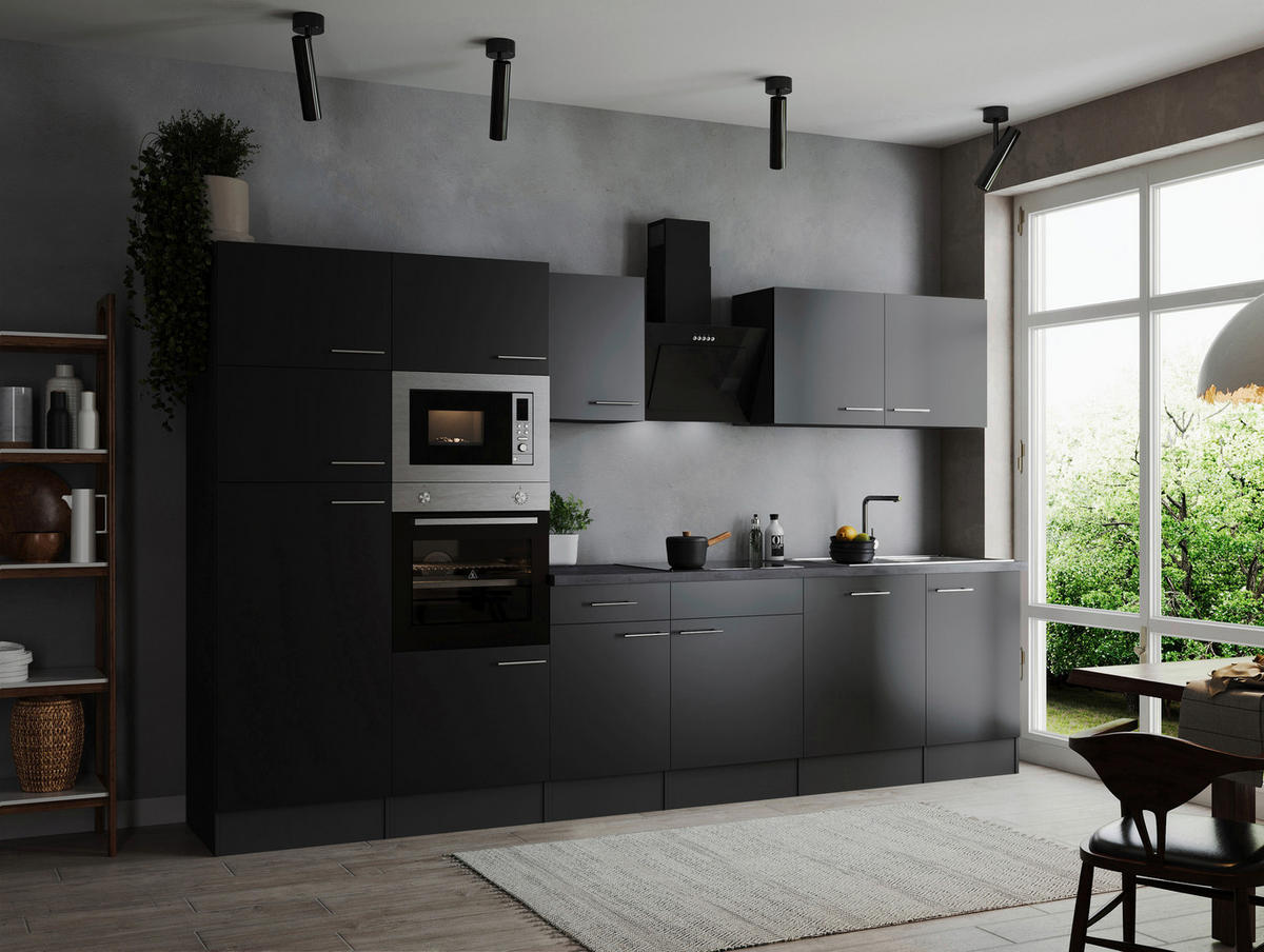 KÜCHENBLOCK 340 cm   in Grau, Schwarz  - Silberfarben/Schwarz, Design, Holzwerkstoff/Metall (340cm) - Respekta
