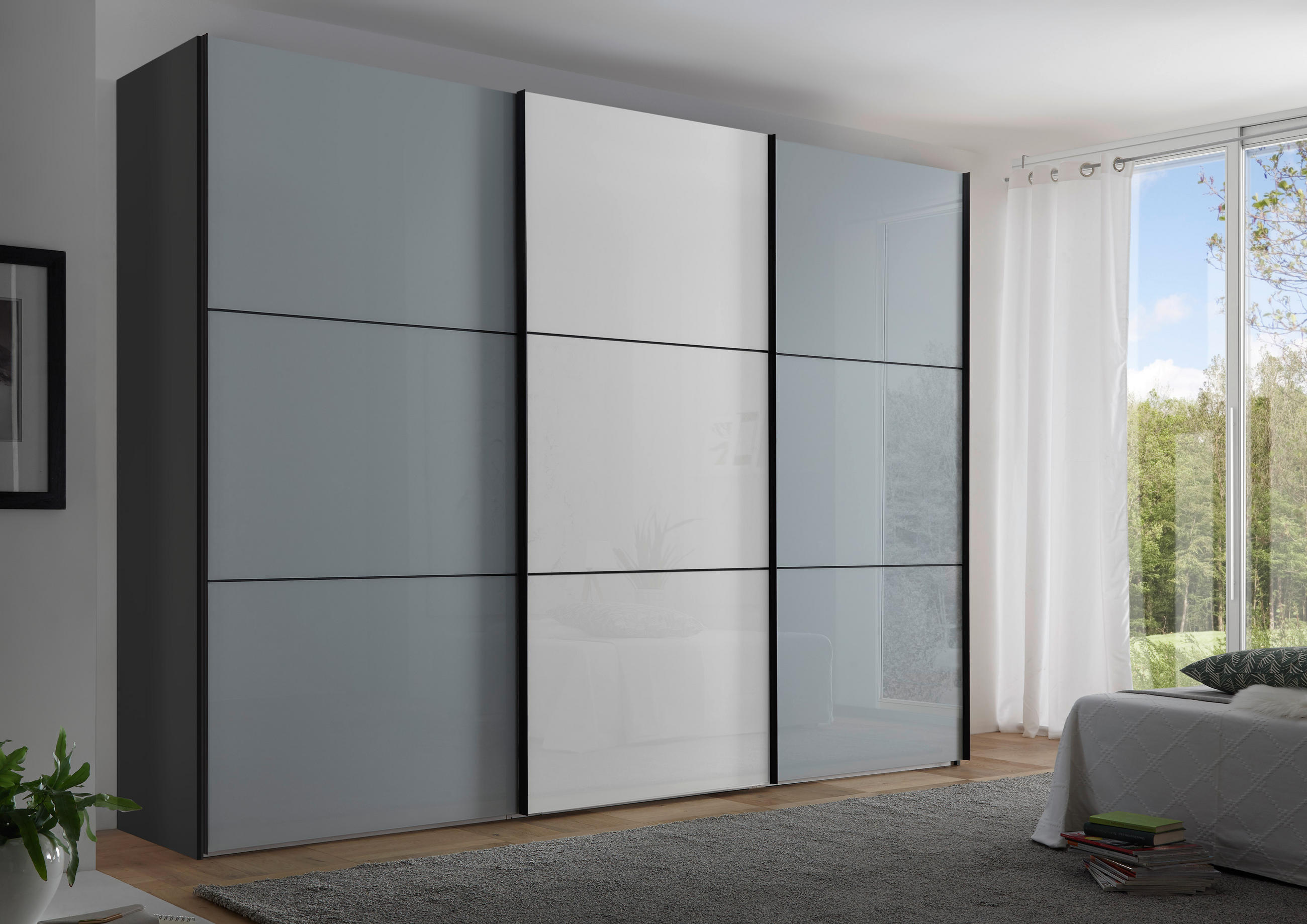 Schwebetürenschrank Glasfront 249 Cm Includo, Hellgrau/weiß