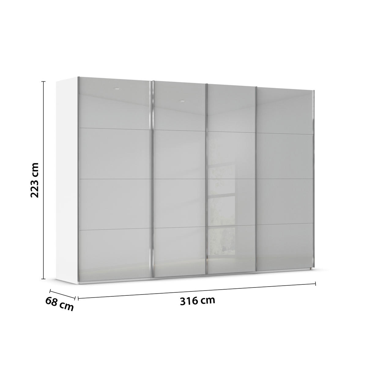 SCHWEBETÜRENSCHRANK 316/223/68 cm 4-türig Weiß, Hellgrau  - Chromfarben/Hellgrau, Design, Glas/Holzwerkstoff (316/223/68cm) - Novel