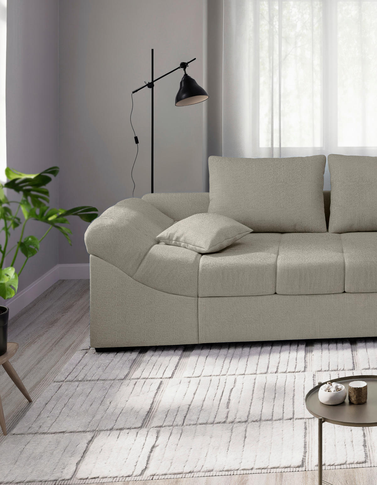 ECKSCHLAFSOFA in Beige Textil   - Beige/Schwarz, Modern, Holz/Textil (298/202cm) - MID.YOU