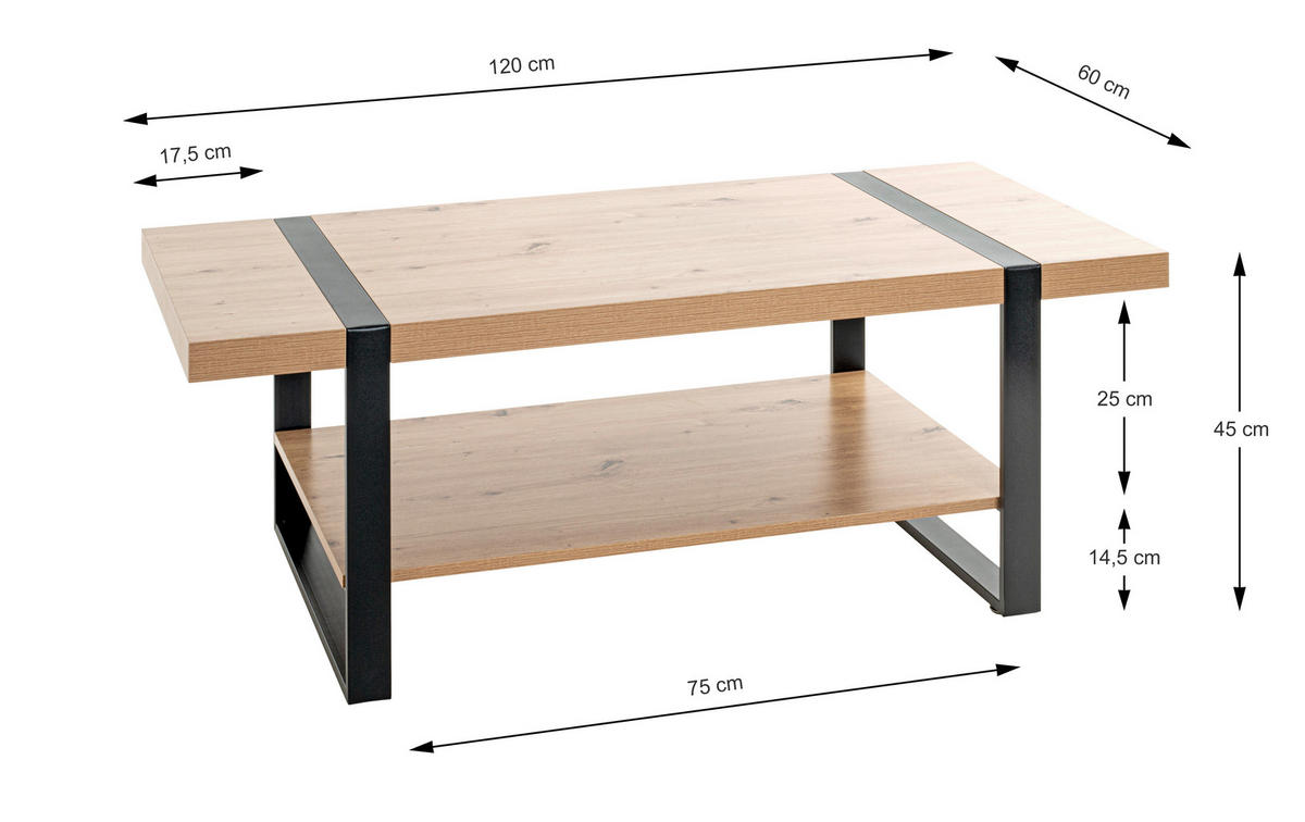 COUCHTISCH in Metall, Holzwerkstoff 120/60/45 cm  - Eichefarben/Schwarz, Design, Holzwerkstoff/Metall (120/60/45cm)