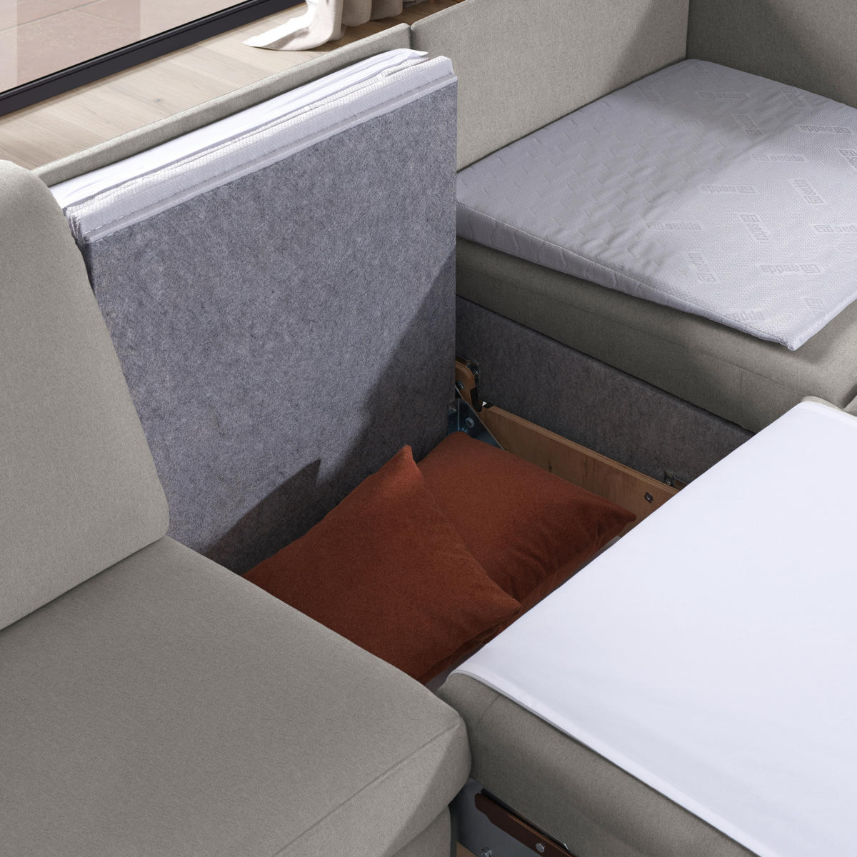 ECKSOFA in Flachgewebe Ecru  261/203 cm  - Ecru/Eichefarben, KONVENTIONELL, Holz/Textil (261/203cm) - Sedda