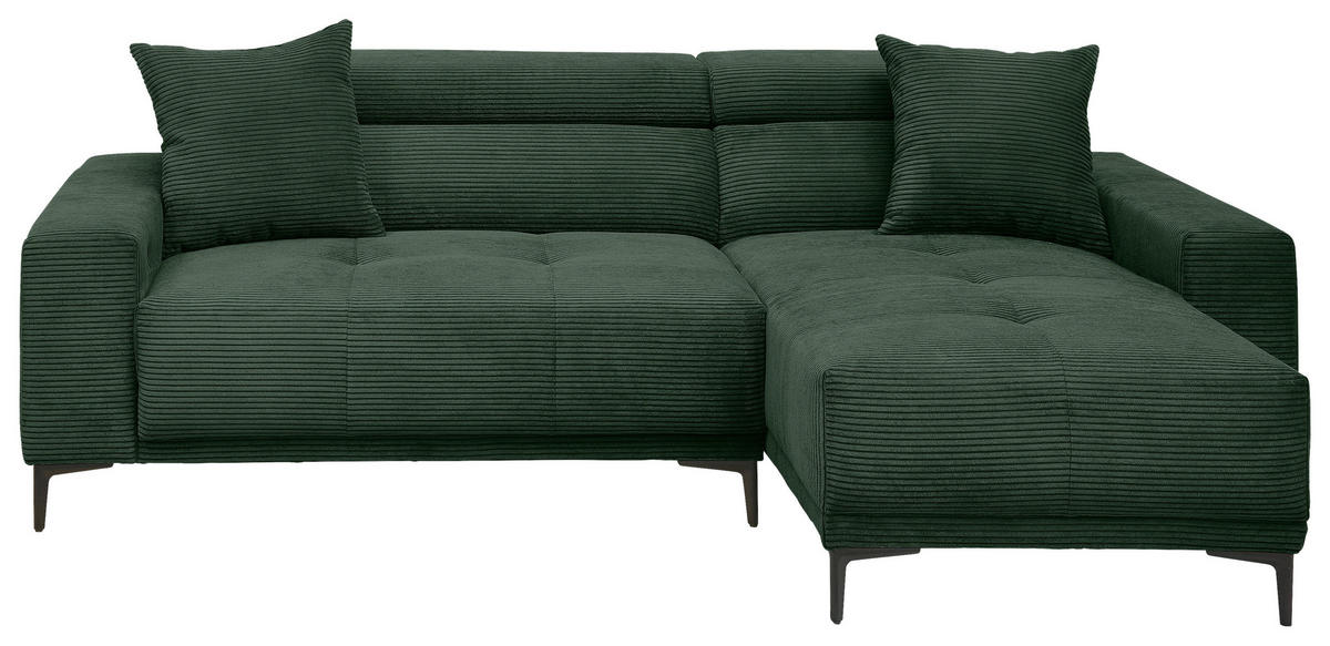 ECKSOFA ORIO Dunkelgrün Cord Zierkissen, Kopfteilverstellung, Sitzvorzug  - Dunkelgrün/Schwarz, Basics, Textil/Metall (250/183cm) - Livetastic