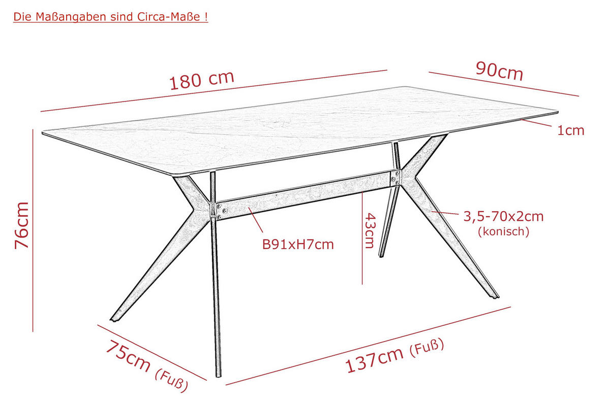 ESSTISCH Beige rechteckig   - Beige/Weiß, MODERN, Stein/Metall (90/180/76cm) - MID.YOU