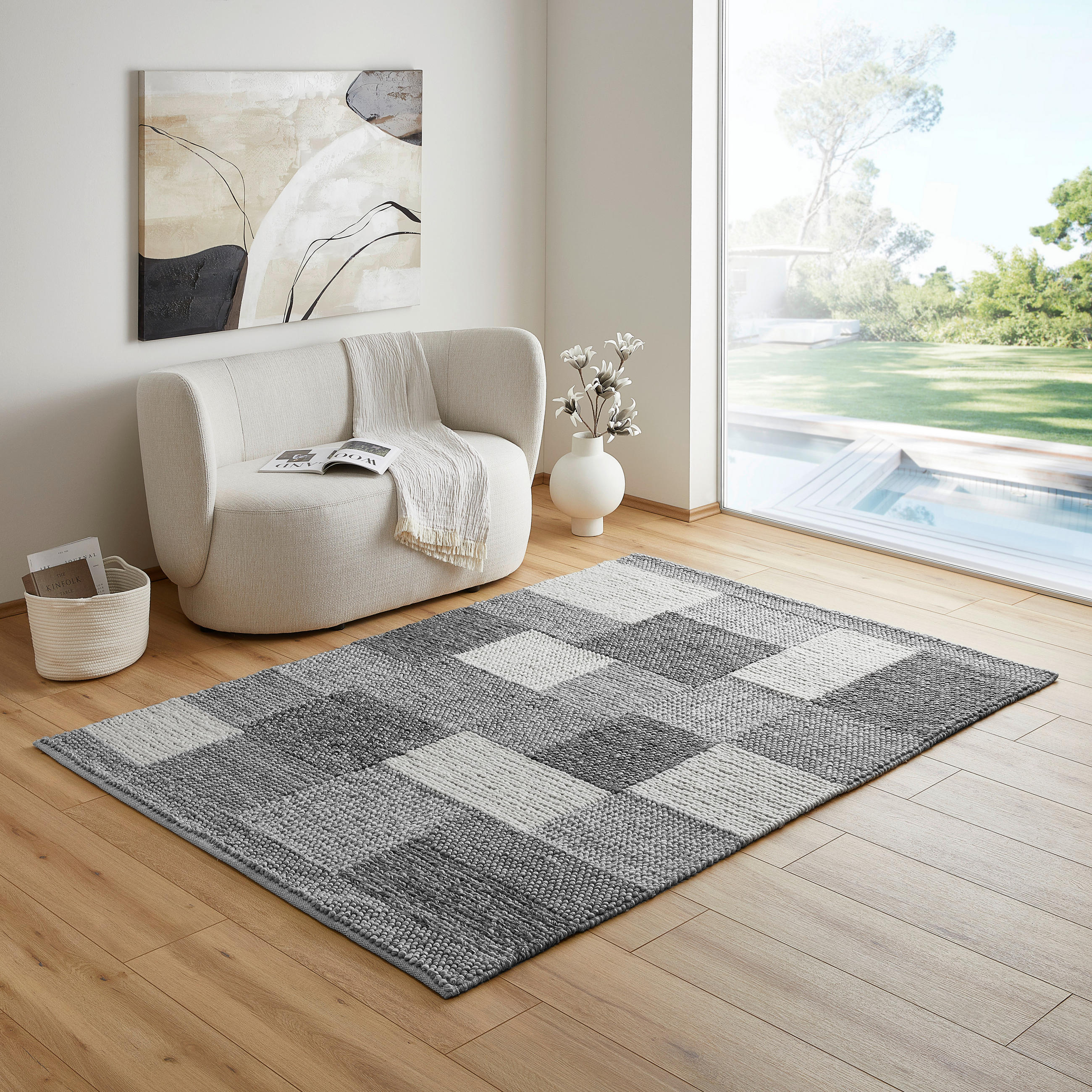 Thumbnail - Linea Natura Handwebteppich Nordic, Grau, Dunkelgrau, Textil, rechteckig, 160x230 cm, in verschiedenen Größen erhältlich...