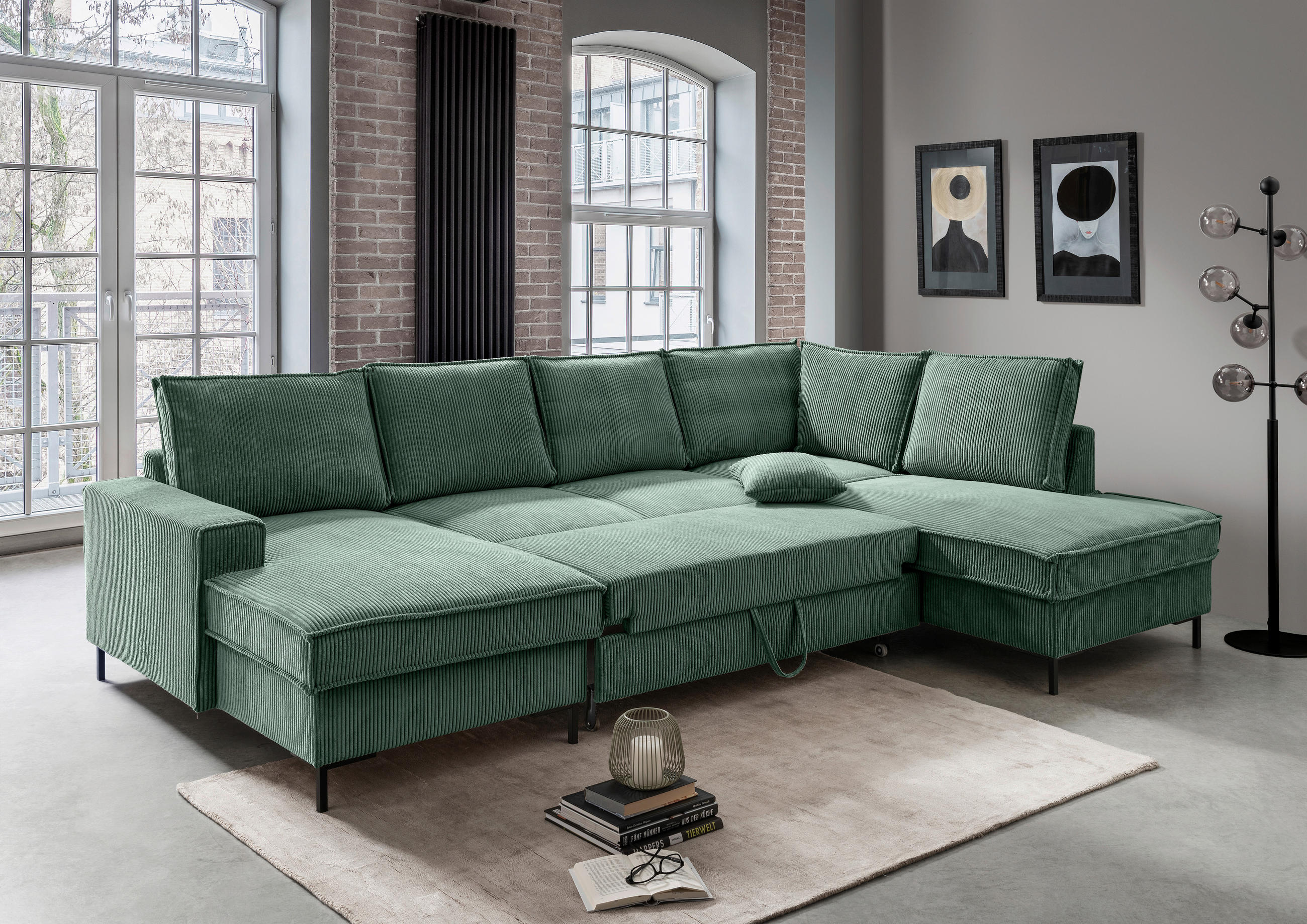 WOHNLANDSCHAFT Dunkelgrün Cord  - Dunkelgrün/Schwarz, MODERN, Textil/Metall (150/309/198cm) - MID.YOU