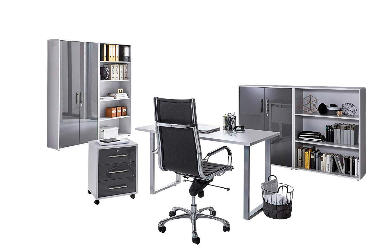 BÜRO erweiterbar, abschließbar Grau, Anthrazit Hochglanz - Anthrazit Hochglanz/Grau, MODERN, Holzwerkstoff/Metall - MID.YOU