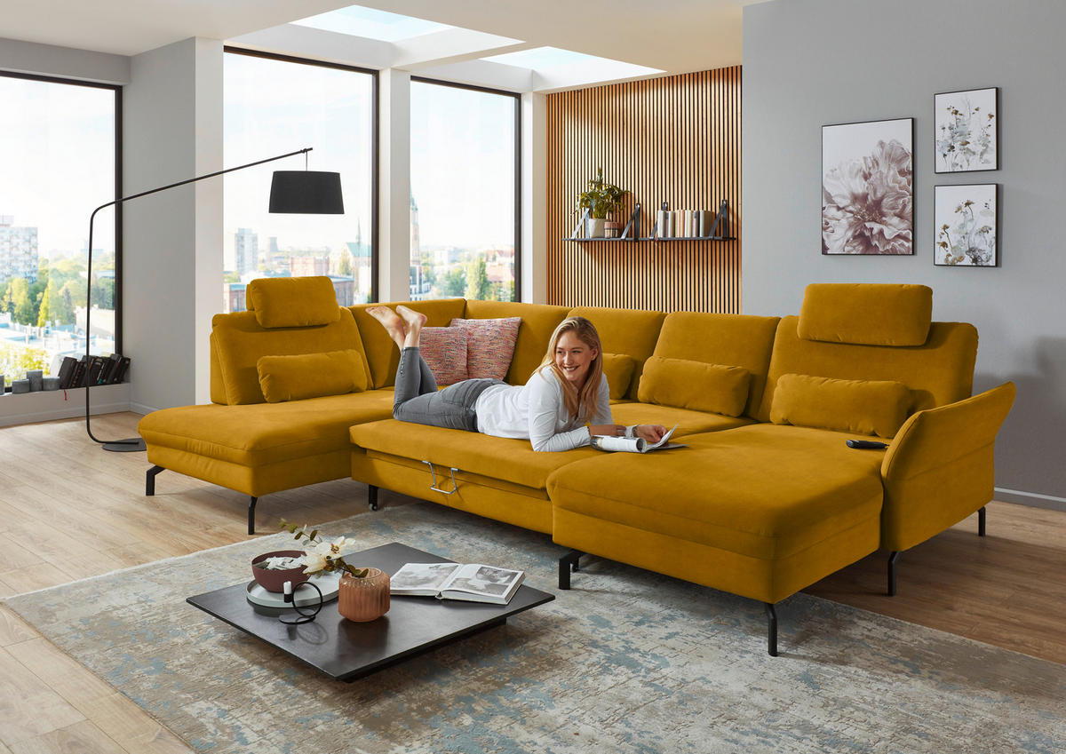 WOHNLANDSCHAFT in Velours Currygelb  - Currygelb/Schwarz, Design, Textil/Metall (220/335/179cm) - Beldomo System
