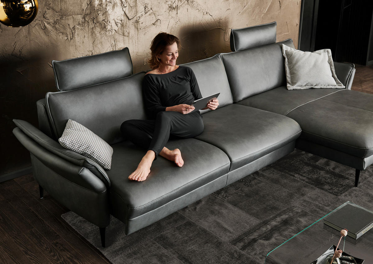 ECKSOFA in Echtleder Anthrazit  - Anthrazit/Schwarz, Design, Leder/Metall (334/172cm) - Hukla