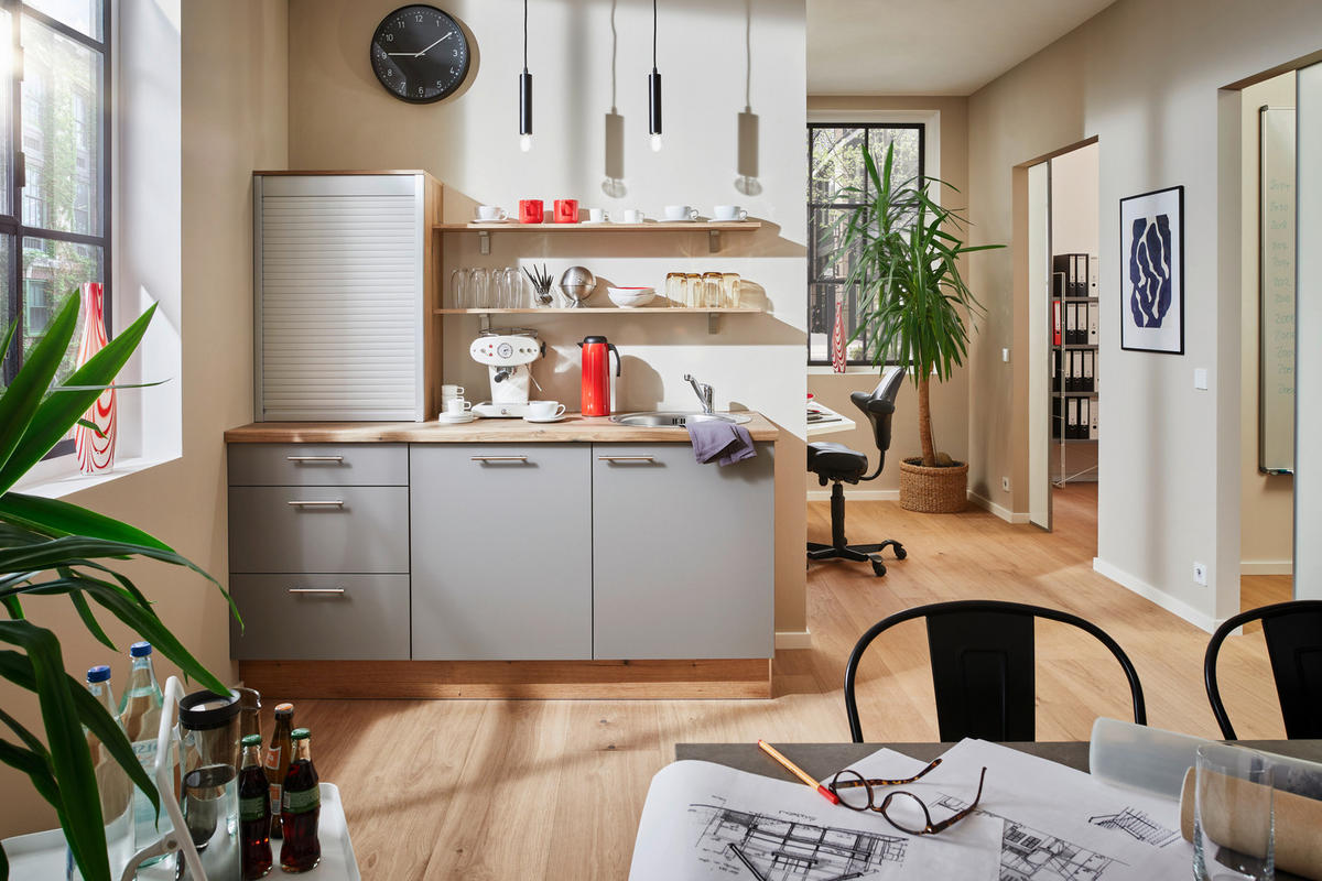 KÜCHENBLOCK 180 cm   in Grau, Eichefarben  - Edelstahlfarben/Eichefarben, Design, Holzwerkstoff/Metall (180cm) - Pino
