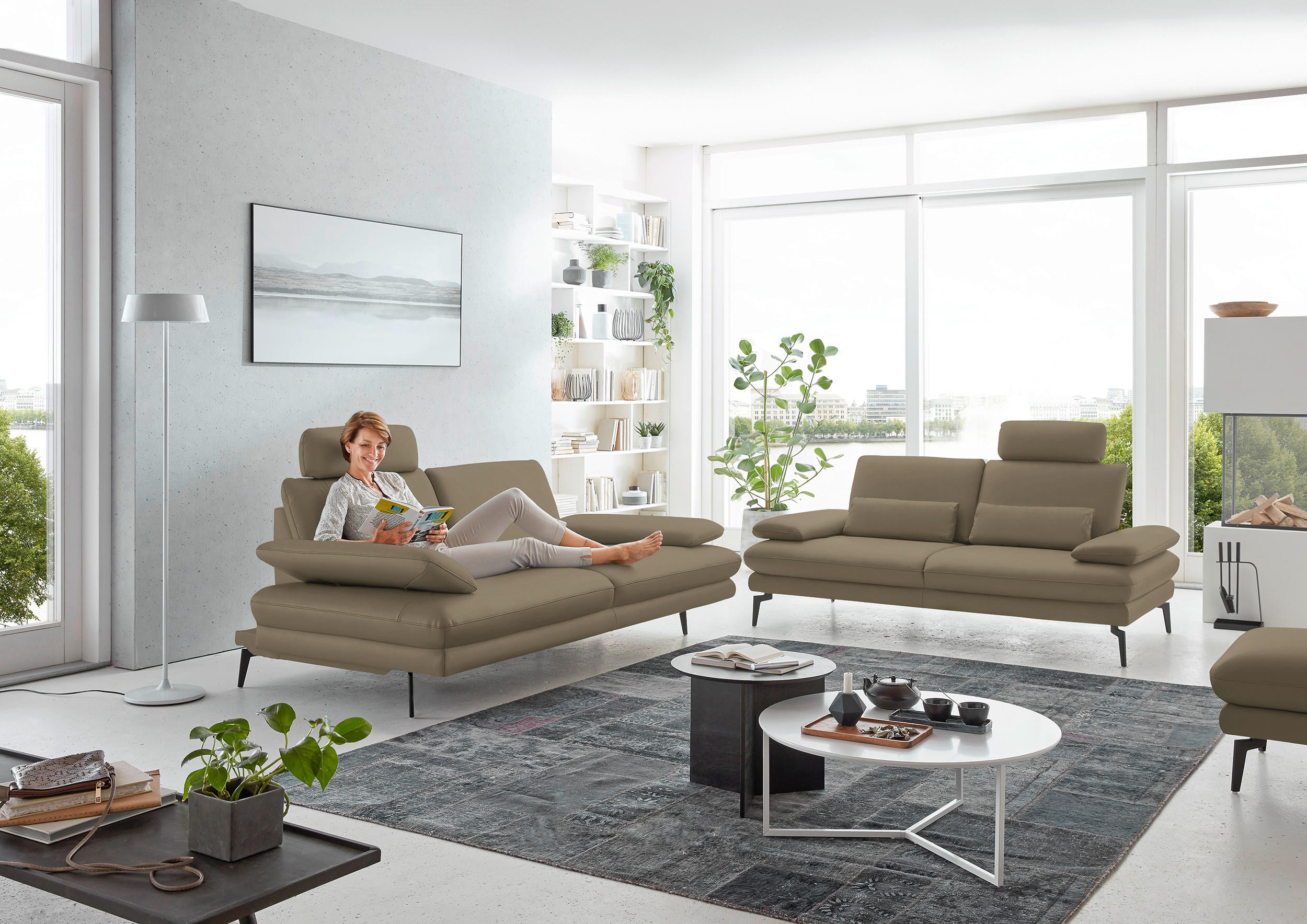 2,5-SITZER in Echtleder Beige  - Beige/Schwarz, Design, Leder/Metall (196/86/104cm) - Dieter Knoll
