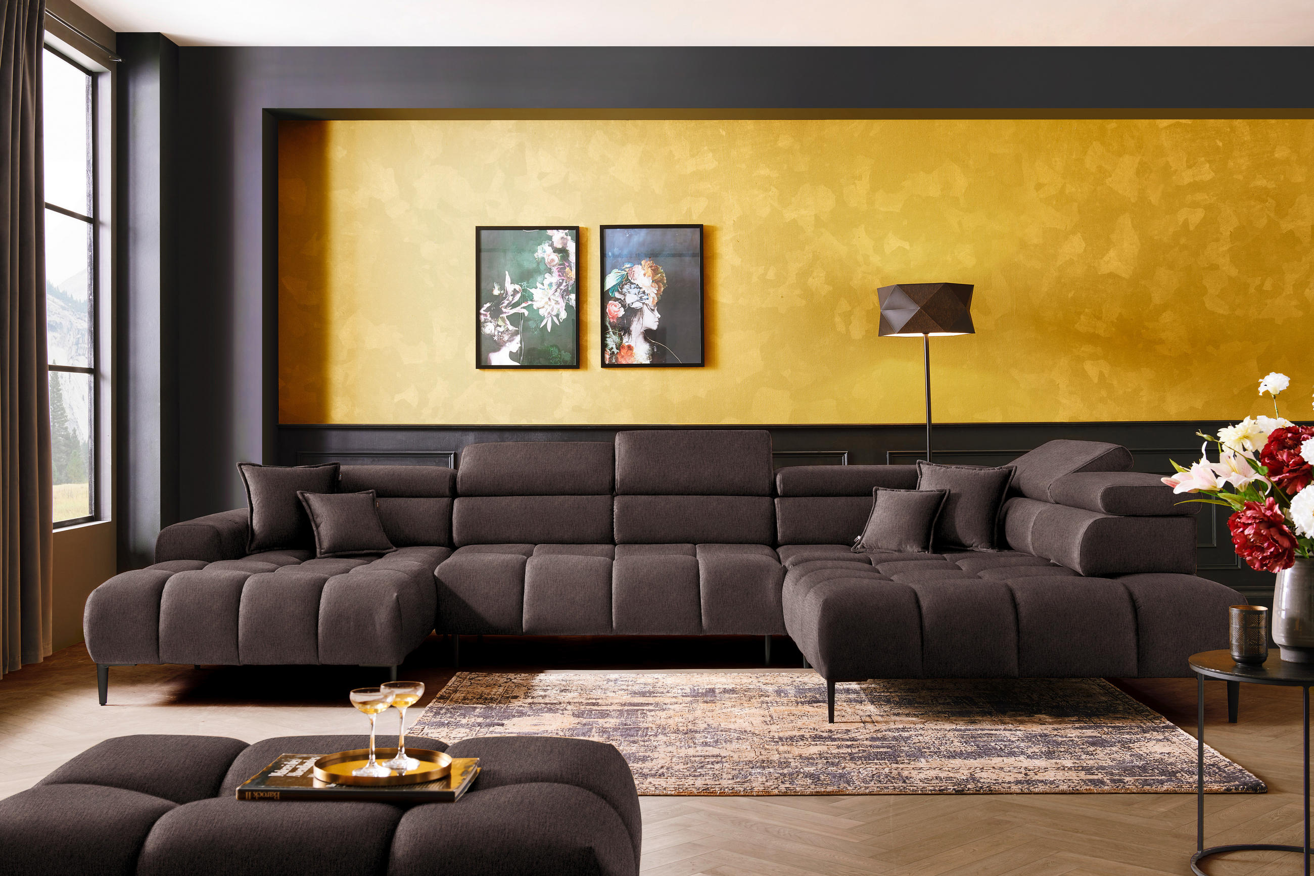 WOHNLANDSCHAFT Graubraun Samt, Webstoff  - Graubraun/Schwarz, Design, Textil/Metall (177/385/216cm) - Welnova