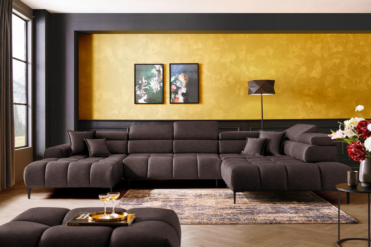 WOHNLANDSCHAFT in Samt, Webstoff Graubraun  - Graubraun/Schwarz, Design, Textil/Metall (177/385/216cm) - Welnova
