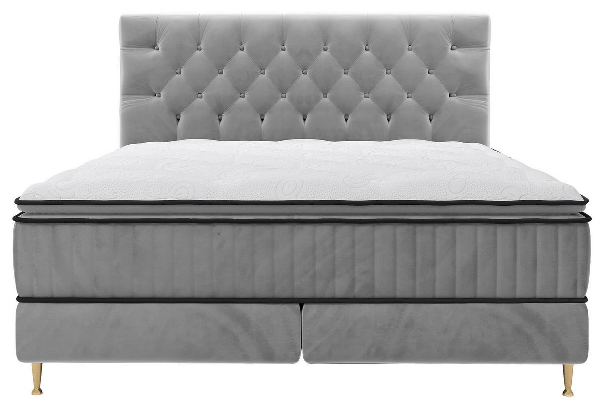 BOXSPRINGBETT 180/200 cm,  in Hellgrau, Matratze, gepolstertes Kopfteil, Topper,  - Goldfarben/Hellgrau, Design, Textil/Metall (180/200cm) - Boxxx